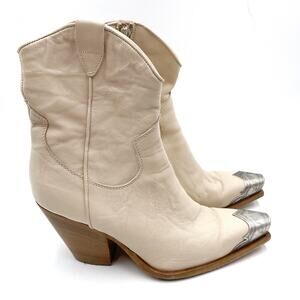 SOLD-Free People Brayden Leather Western Boots Cream‎ Metallic Snip Toe